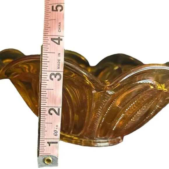 Vintage 70s Amber Marigold Carnival Glass Bowl Herringbone Ruffled Edge - Picture 7 of 8